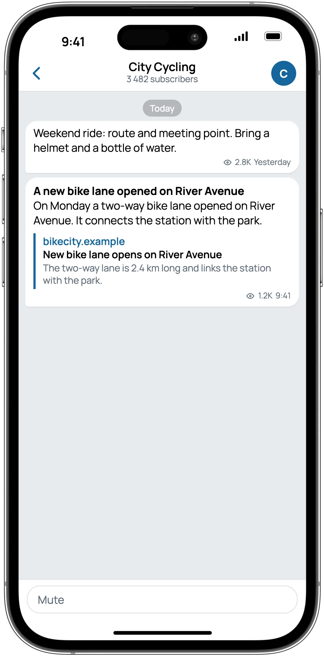 A Telegram channel after publishing: the bike lane post with a link card below it.
