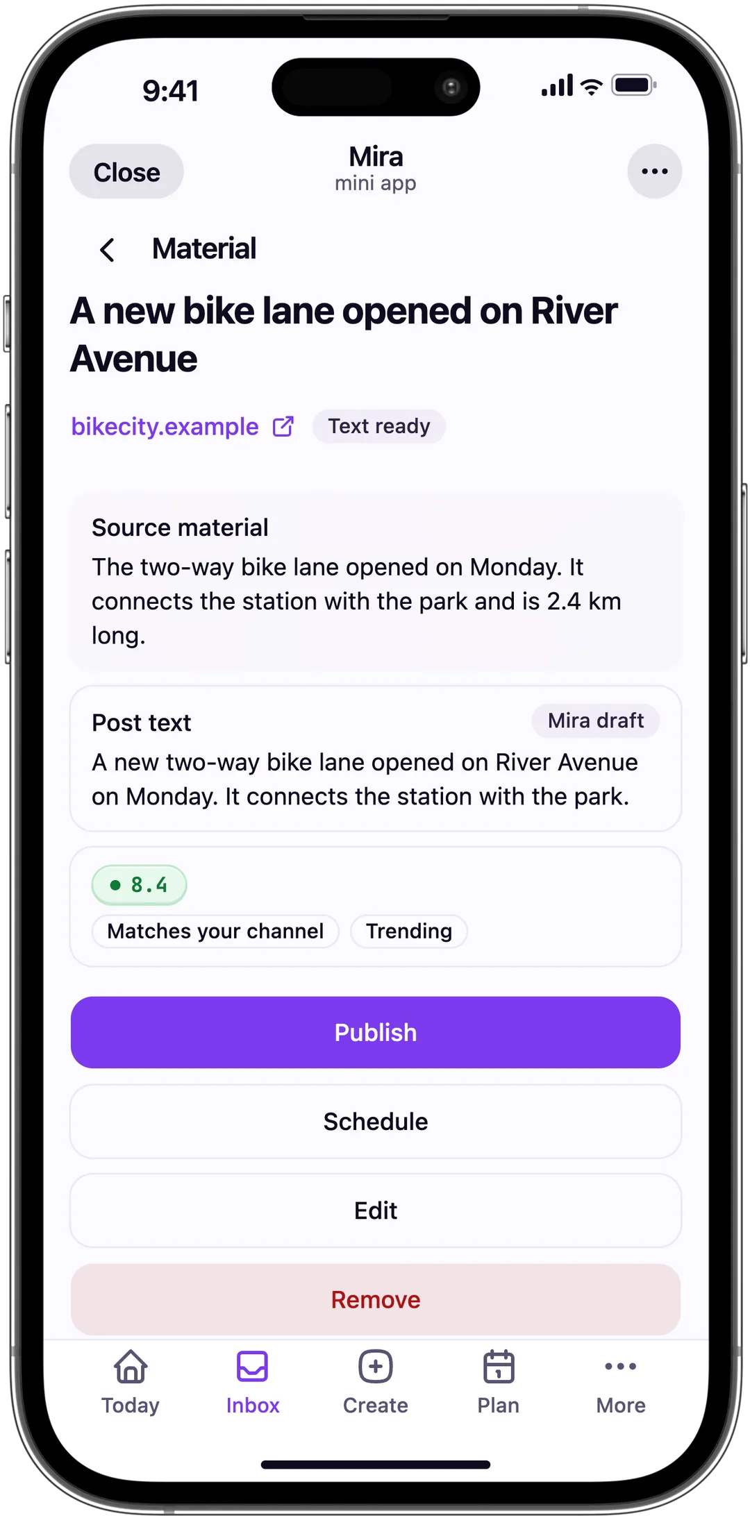 An item in Mira: source text, a draft post, a score of 8.4 and buttons to publish, schedule, edit or remove it.