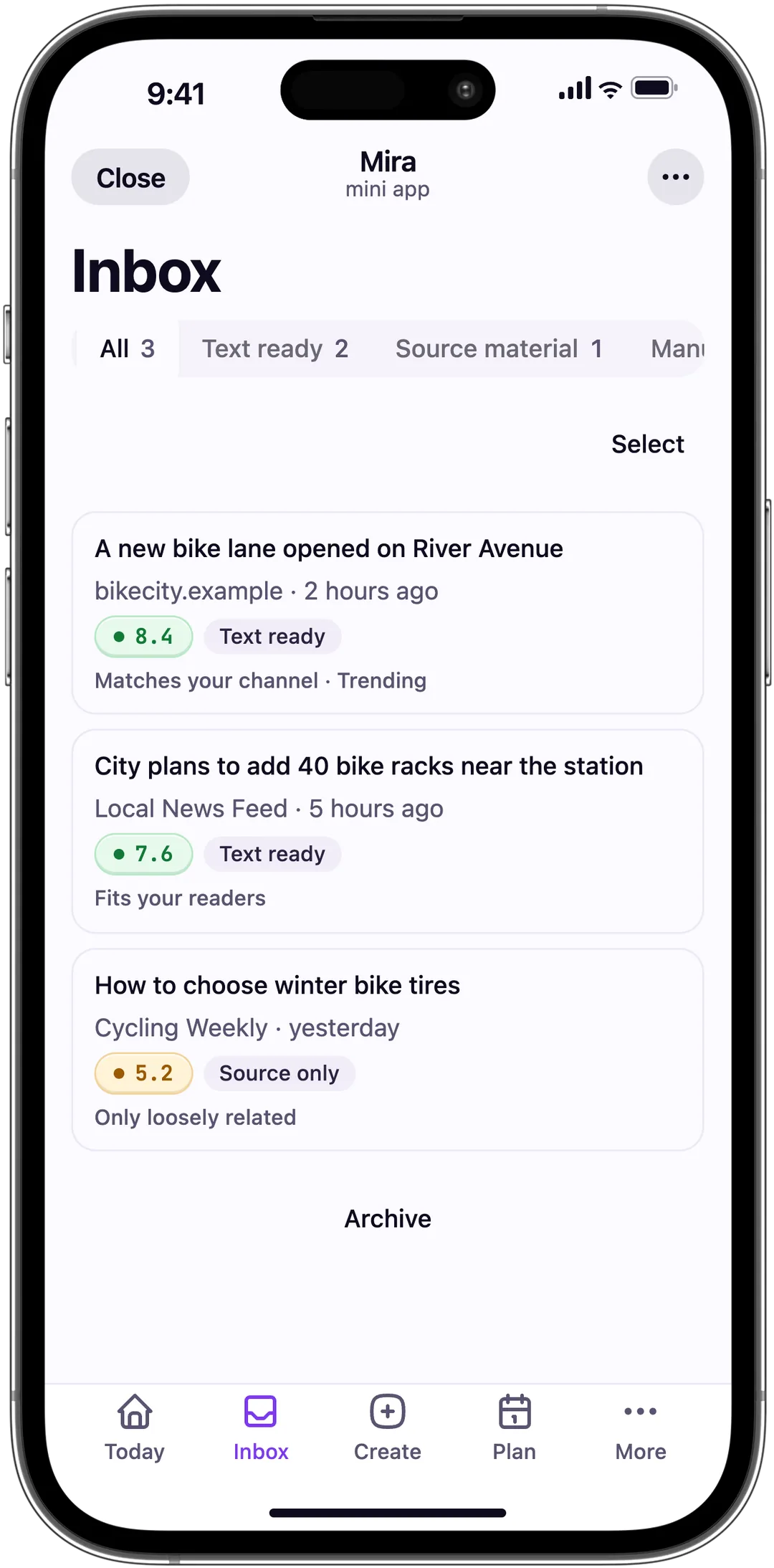 Mira Inbox, tilted to the left: new cycling drafts that wait for your review.
