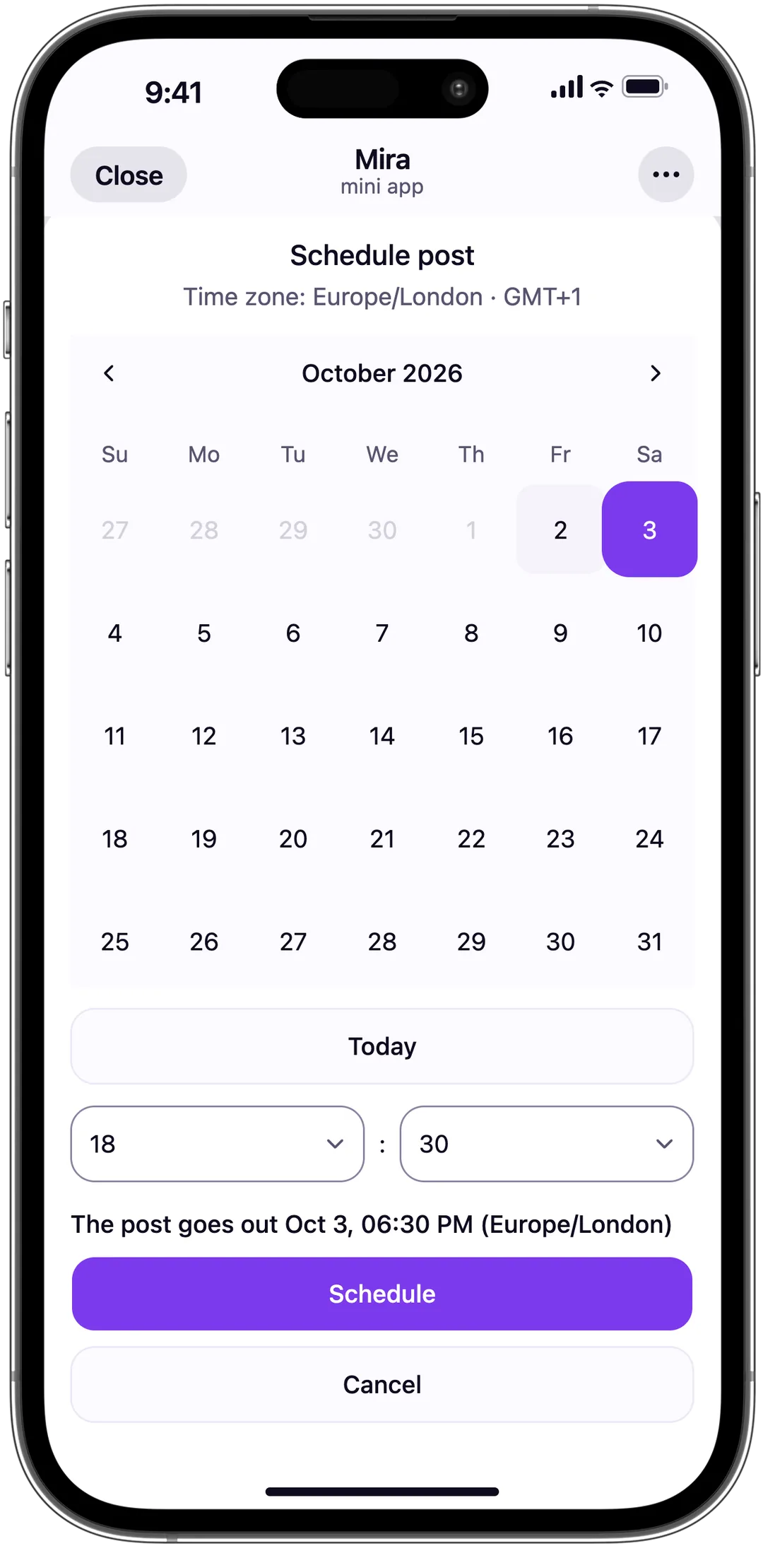 Scheduling a post in Mira: a calendar, hour and minute lists and a line with the exact time the post goes out.