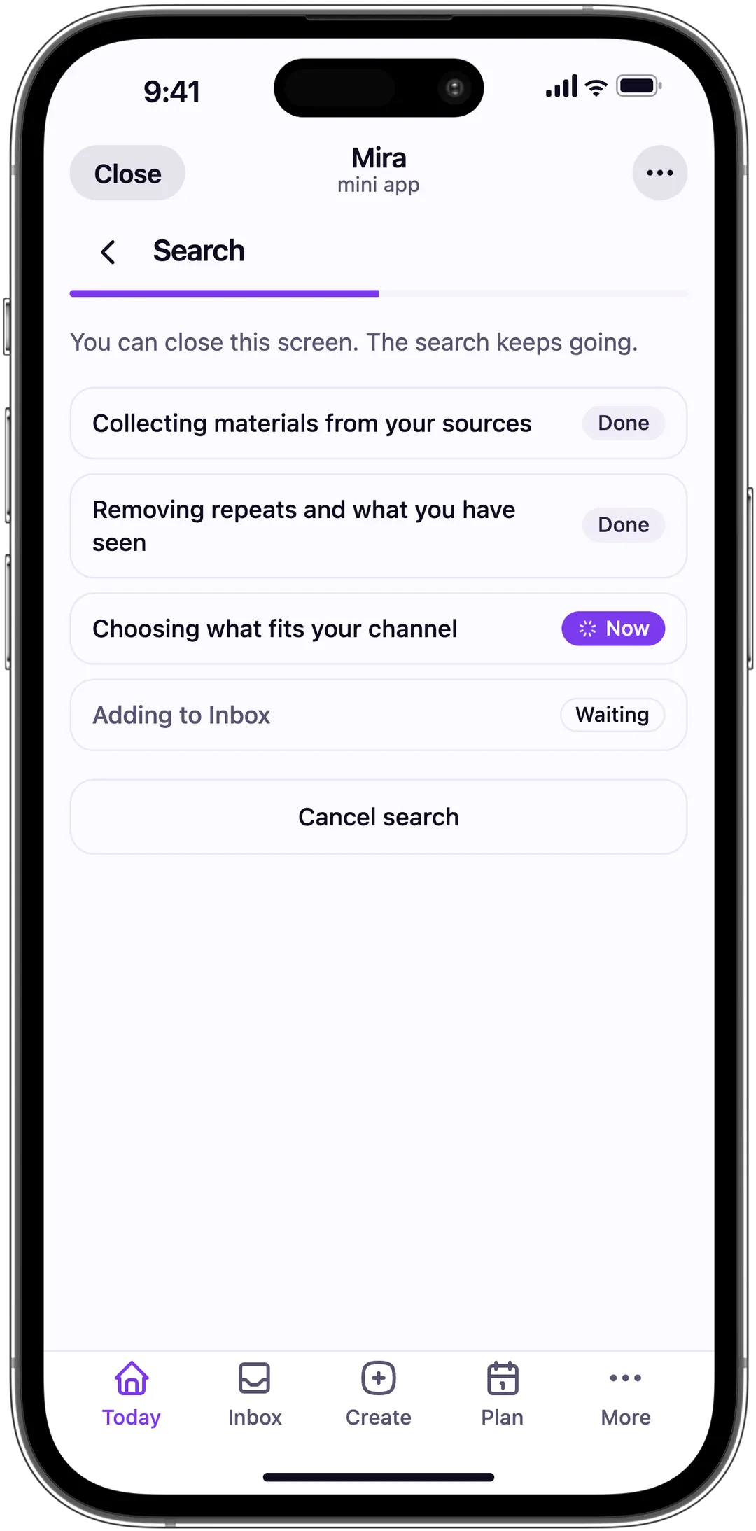 A Mira search in progress. Items are collected, repeats removed, and Mira picks what fits the channel.