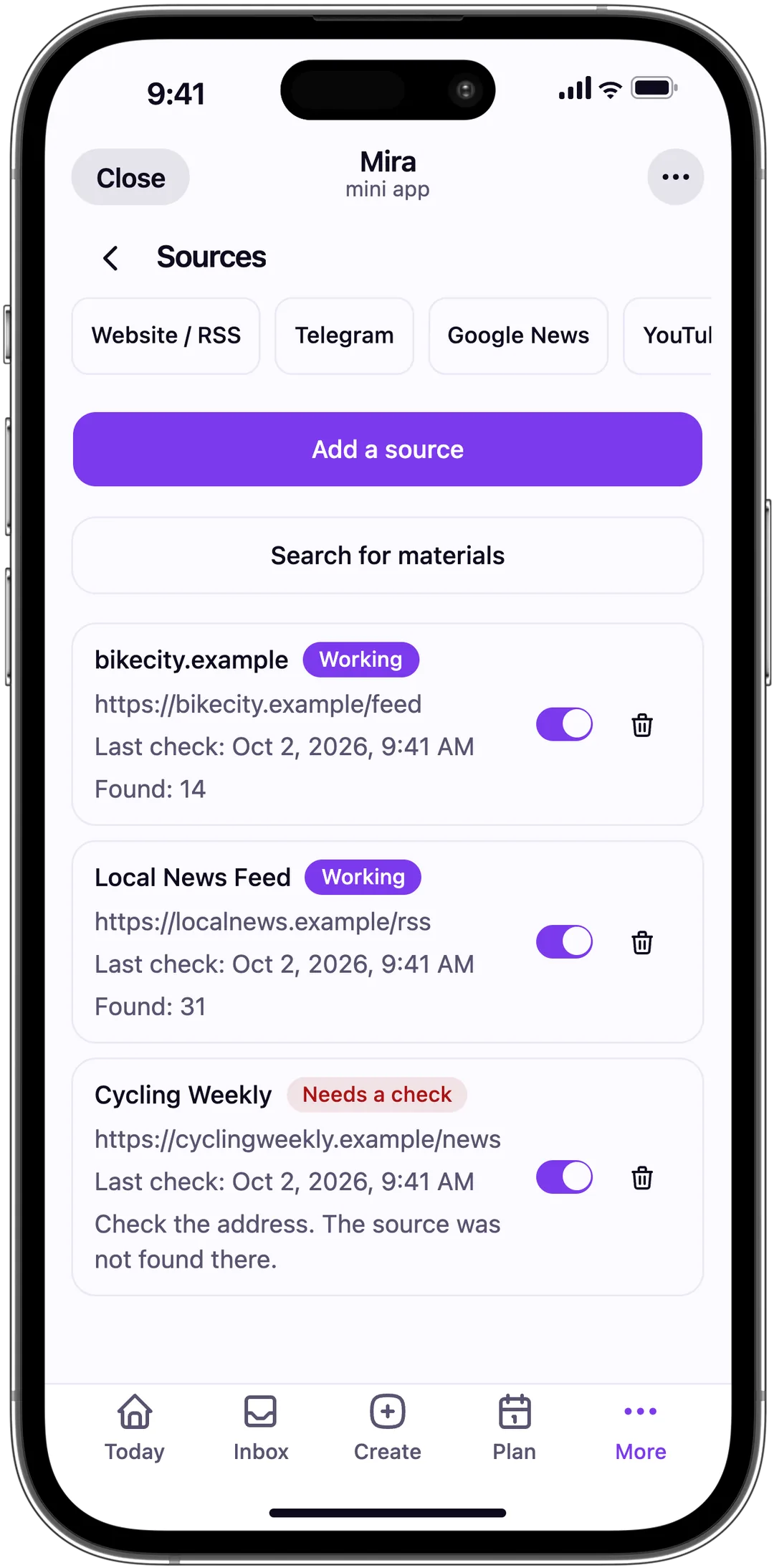 Mira Sources screen: two website feeds work, and one needs a check.